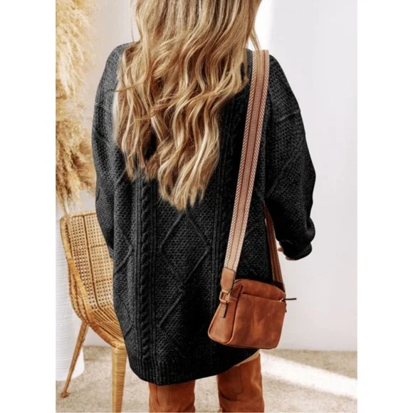 Cozy Black Cable Knit Sweater Dress - Picture 2 of 8